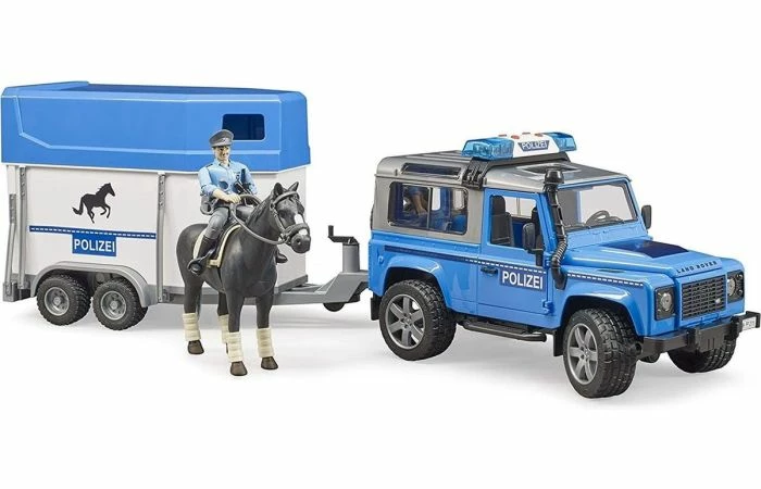 Bruder 2588 Land Rover Defender Politievoertuig, Paardentrailer, Paard + Politieagent