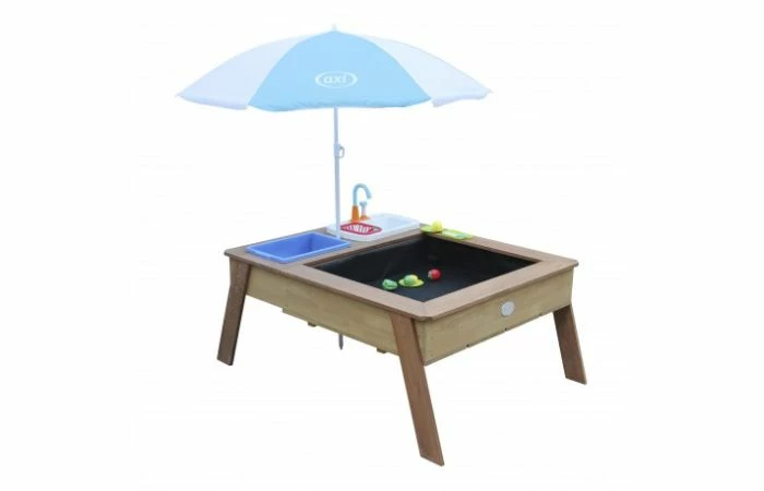 AXI Linda Zand & Water Tafel Met Speelkeuken Wastafel Bruin/wit Parasol Blauw/wit - Afbeelding 2