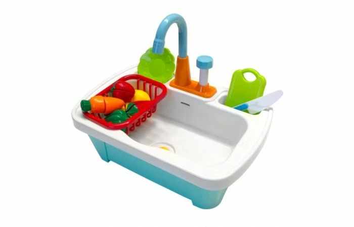 AXI Linda Zand & Water Tafel Met Speelkeuken Wastafel Bruin/wit Parasol Blauw/wit - Afbeelding 6