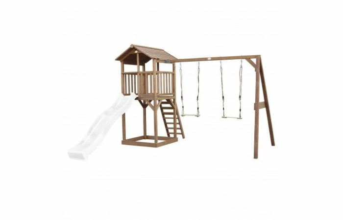 Beach Tower Speeltoren Met Dubbele Schommel Bruin Witte Glijbaan