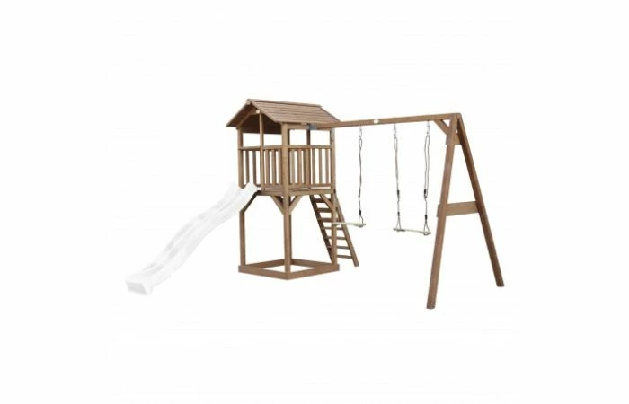 Beach Tower Speeltoren Met Dubbele Schommel Bruin Witte Glijbaan - Afbeelding 2