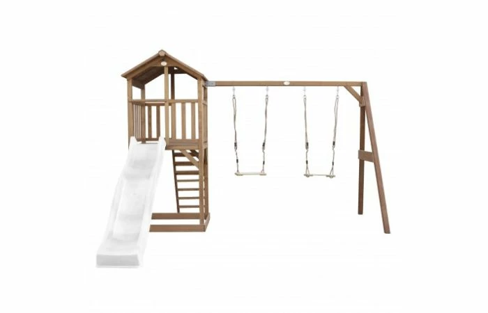 Beach Tower Speeltoren Met Dubbele Schommel Bruin Witte Glijbaan - Afbeelding 3