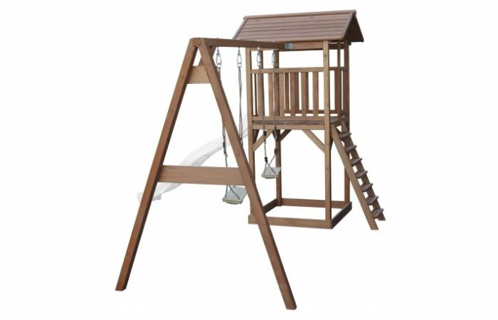 Beach Tower Speeltoren Met Dubbele Schommel Bruin Witte Glijbaan - Afbeelding 5